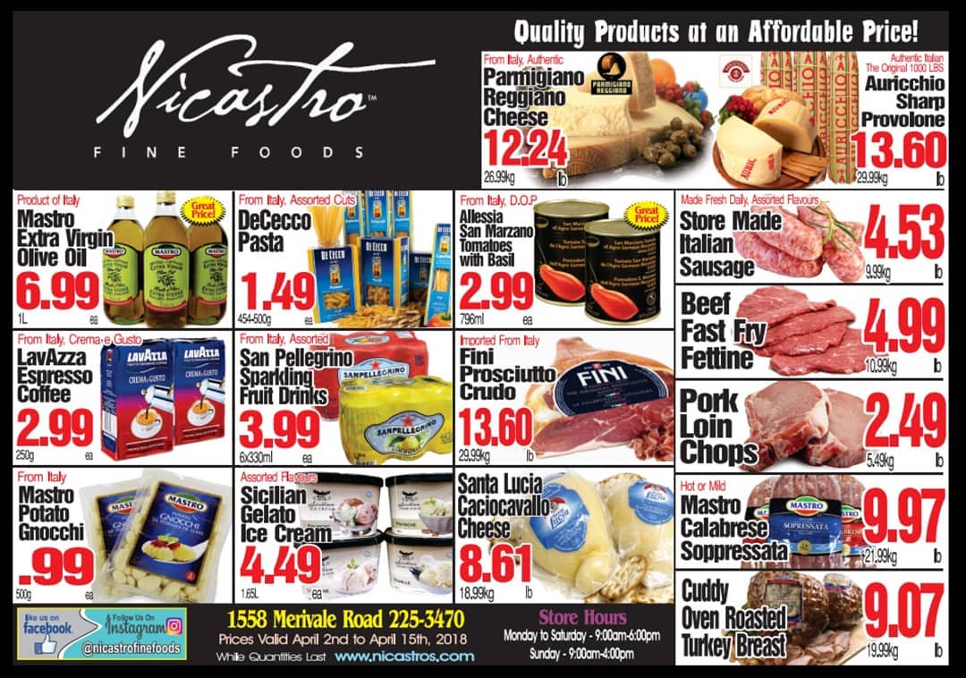 Nicastro Fine Foods specials flyer for April 2nd to April 15th, 2018